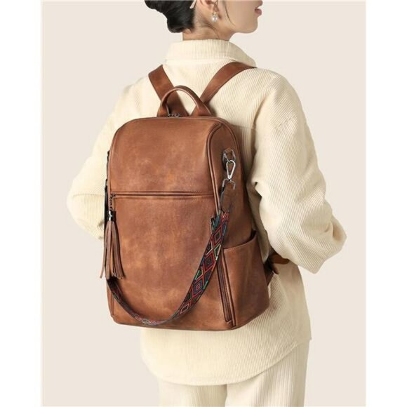 Leather Laptop Backpack Women 15 Inch Vegan Work Travel Bag Convertible Purse - Picture 2 of 7